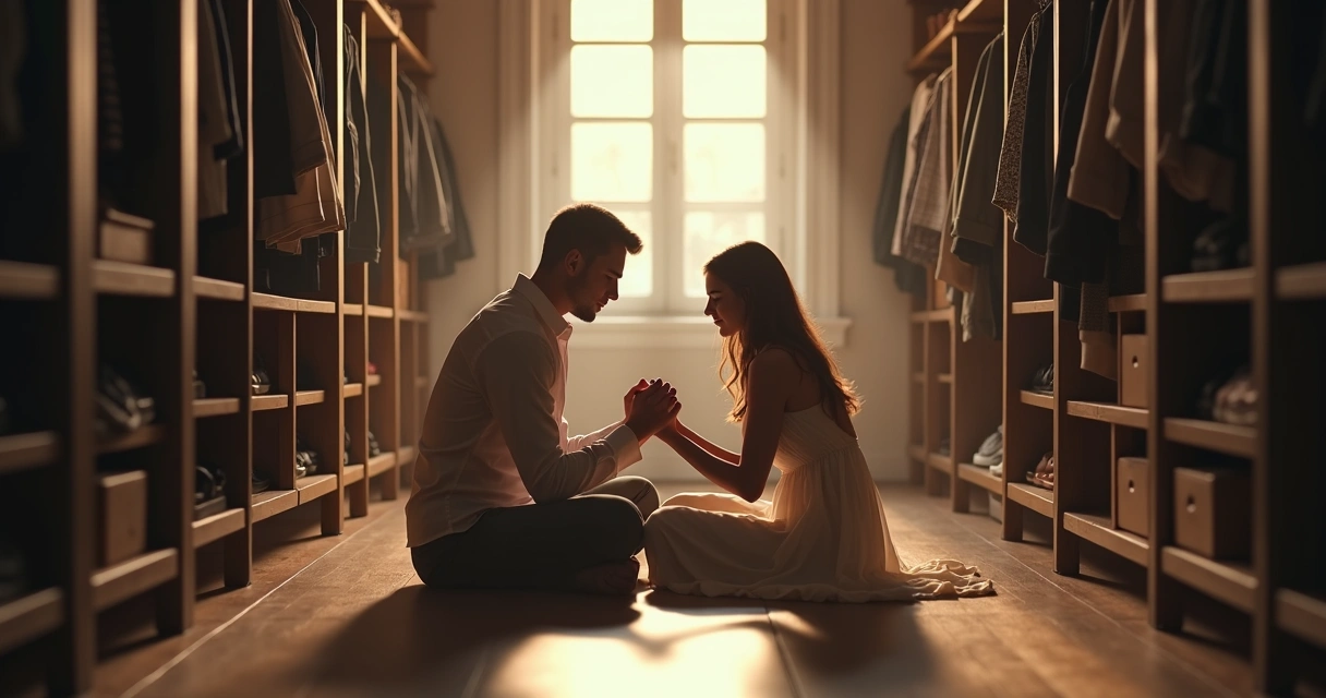 Casal orando juntos em um closet