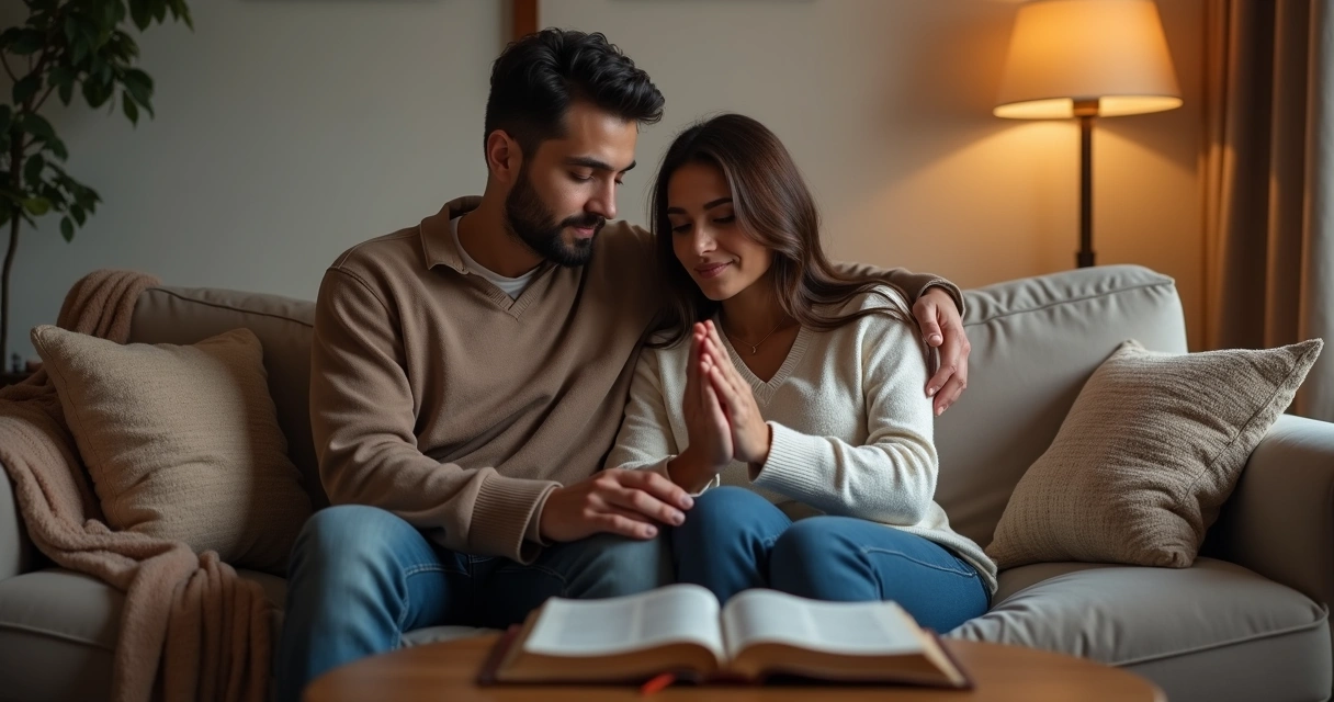 Casal sentado no sofá, de mãos dadas, orando juntos em ambiente acolhedor e iluminado 