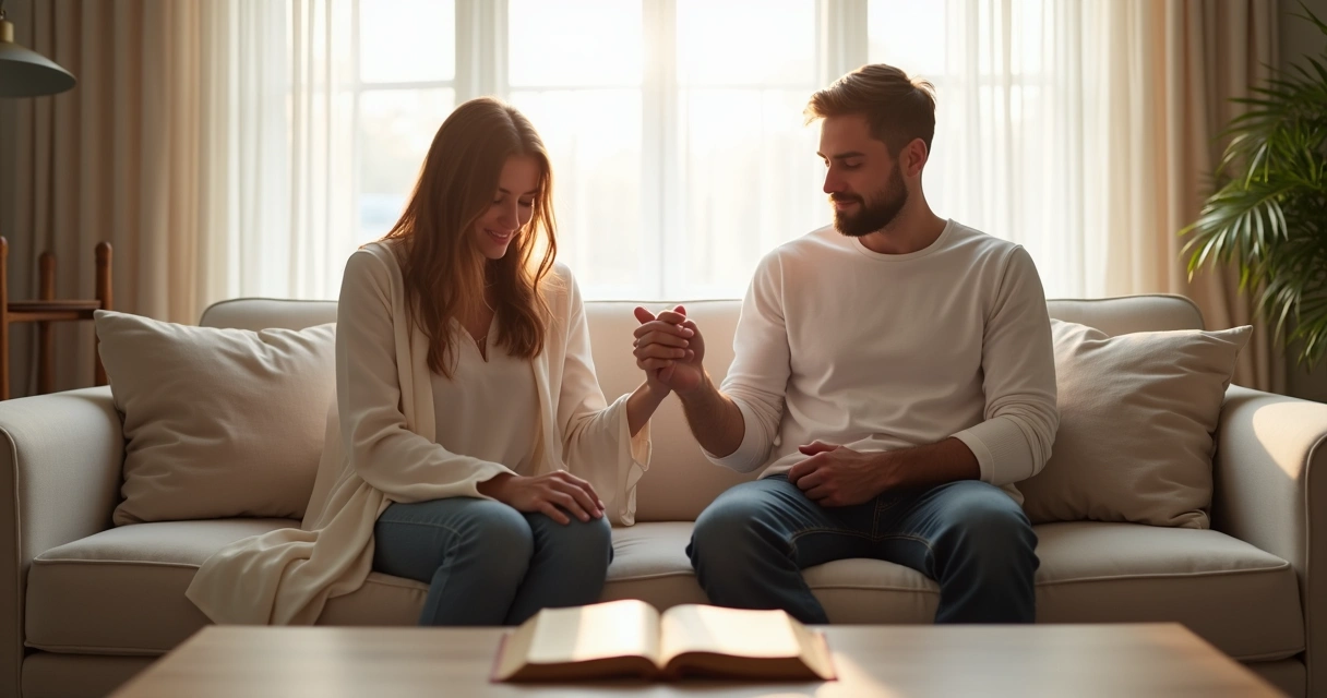Casal de mãos dadas orando juntos no sofá de casa 