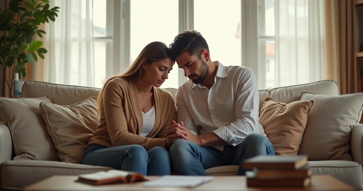 Casal de mãos dadas orando juntos na sala de casa. 