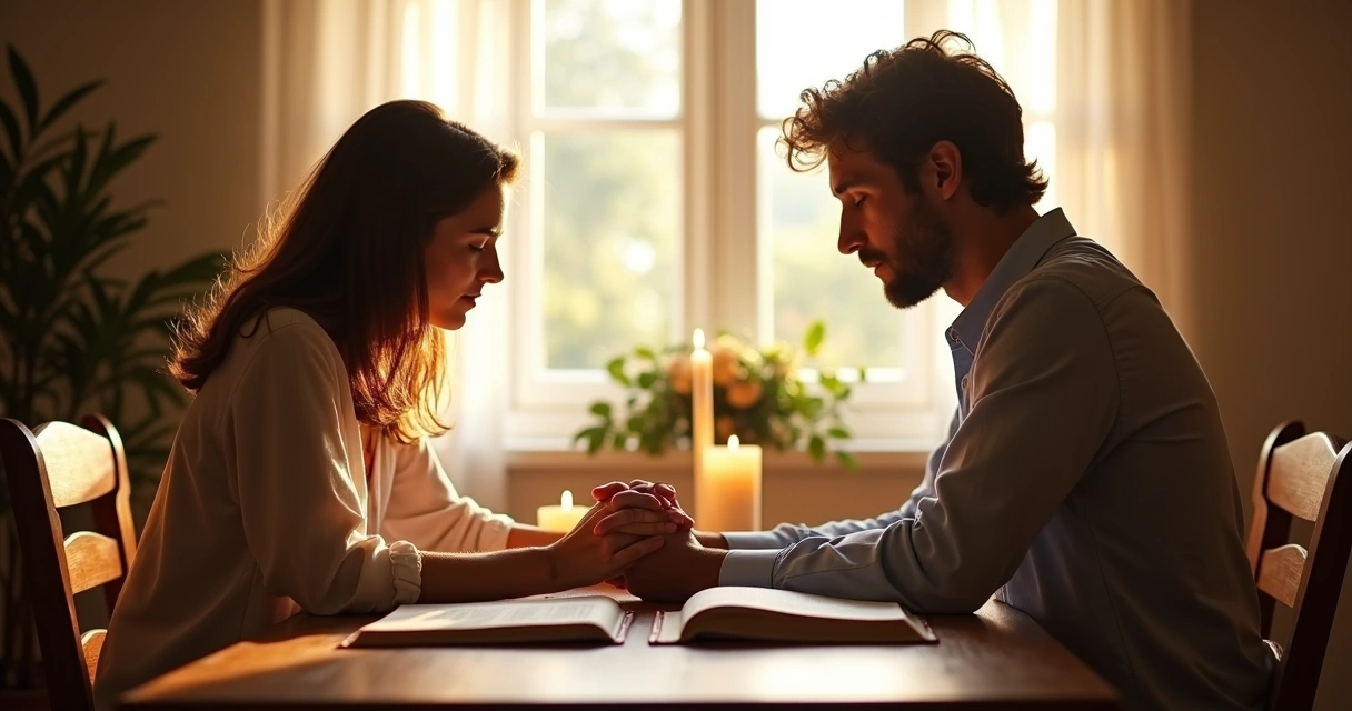 Casal sentado à mesa, de olhos fechados, orando um ao lado do outro 