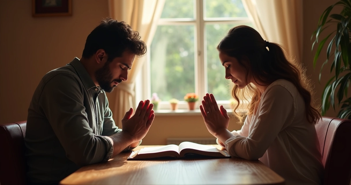 Casal orando juntos de mãos dadas, focados e serenos 