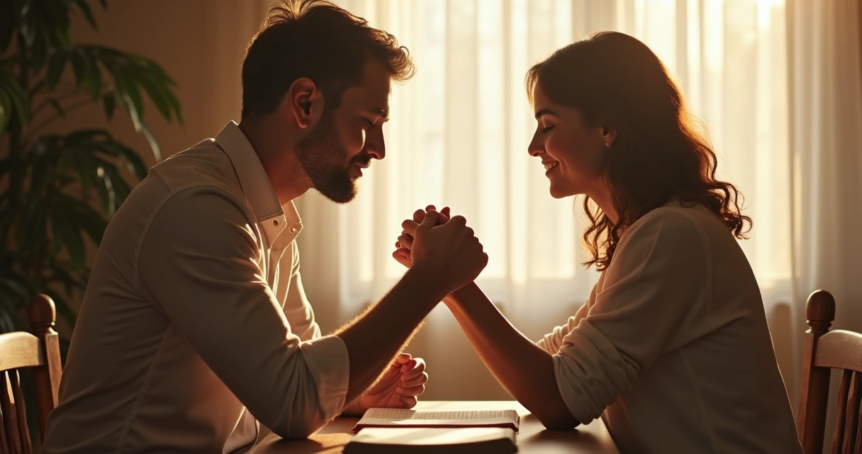 Casal de mãos dadas orando juntos à mesa 