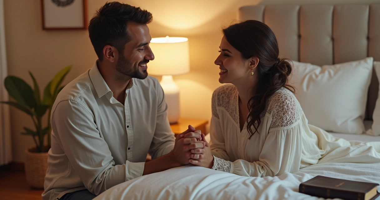 Casal ajoelhado orando de mãos dadas junto à cama 