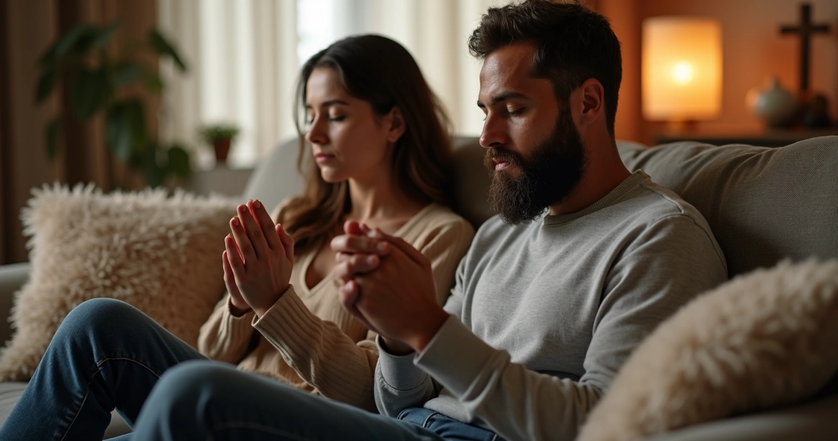 Casal cristão orando juntos sentados no sofá de casa 