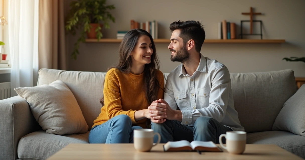 Casal cristão orando de mãos dadas sentados juntos no sofá 
