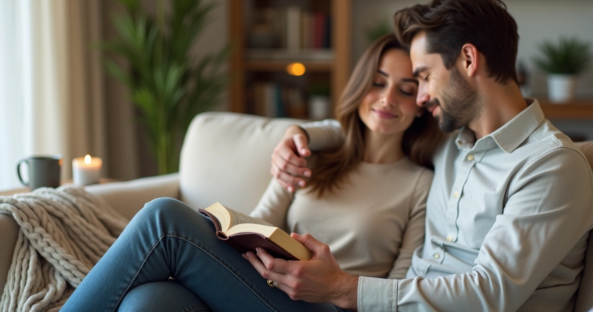 Casal cristão de mãos dadas orando juntos sentados no sofá 