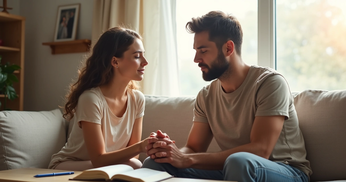 Casal sentado de mãos dadas orando juntos no sofá de casa 