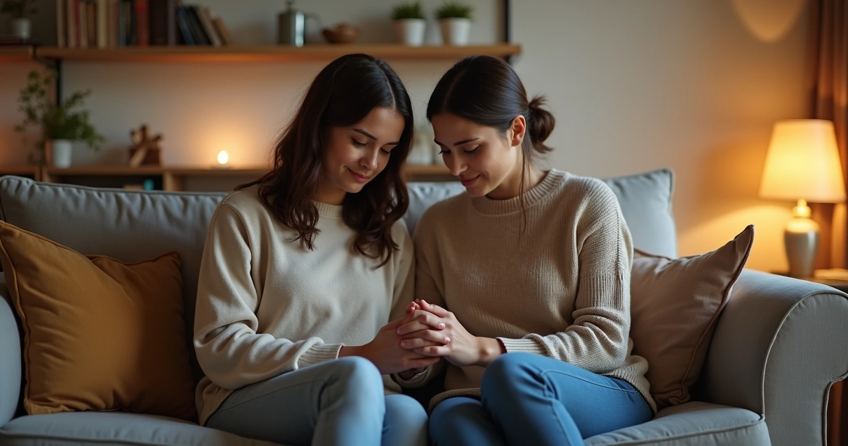 Casal de mãos dadas orando juntos sentados no sofá 
