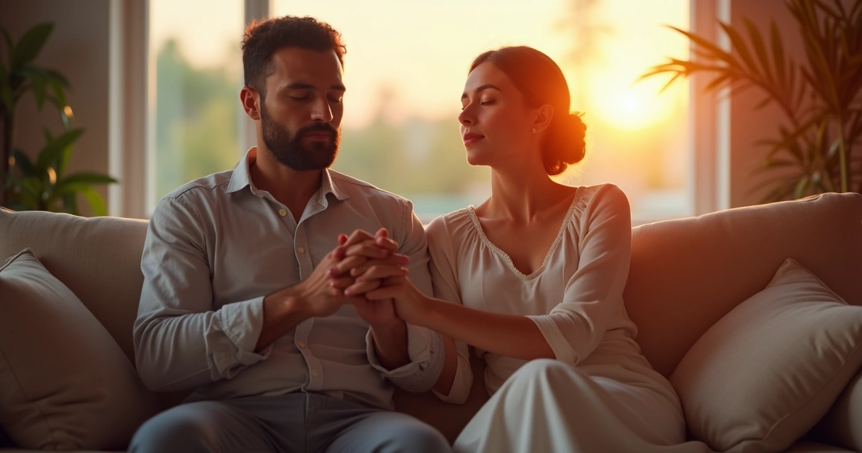 Casal sentado em sofá orando de mãos dadas 