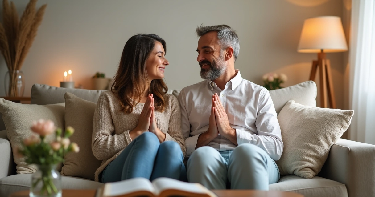 Casal orando de mãos dadas no sofá, com ambiente aconchegante 