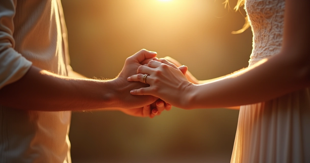Casal de mãos dadas orando no altar, luz suave ao fundo, atmosfera de fé e esperança 