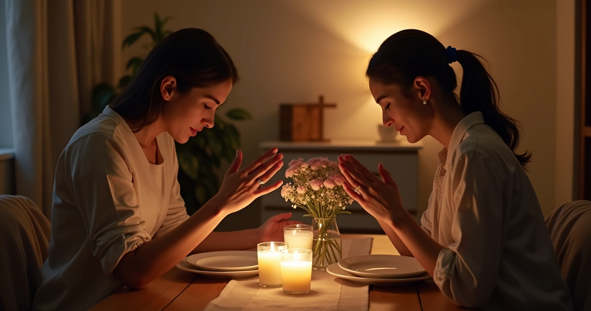 Casal cristão orando de mãos dadas à mesa do jantar à luz de velas 