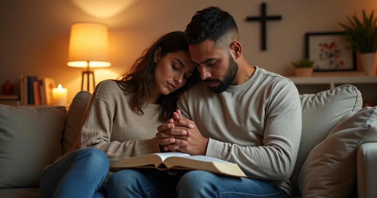 Casal sentado no sofá orando de mãos dadas na sala à noite 