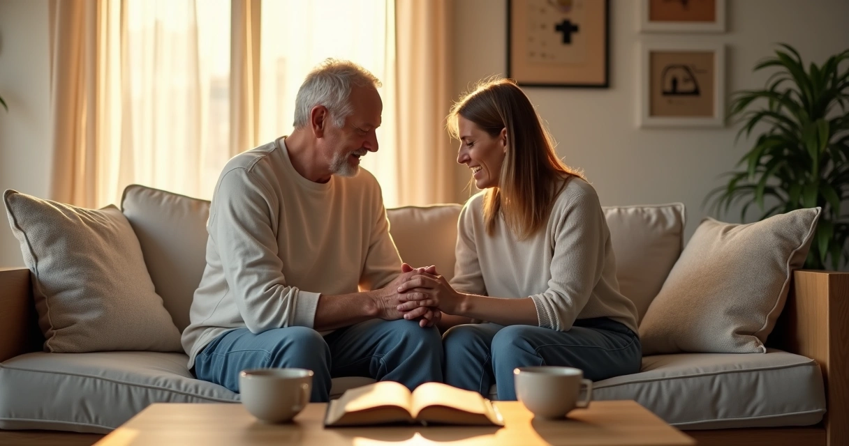 Casal orando de mãos dadas no sofá com luz suave atravessando a sala 