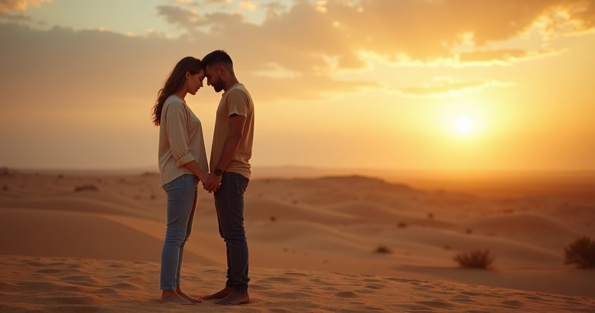 Casal cristão abraçado orando em pé em paisagem de deserto ao pôr do sol 
