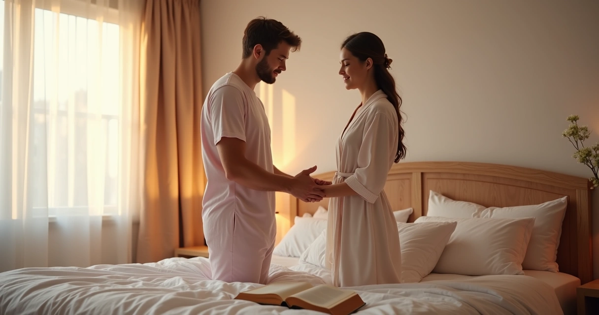 Casal cristão de mãos dadas orando junto ao lado da cama na luz suave do amanhecer 