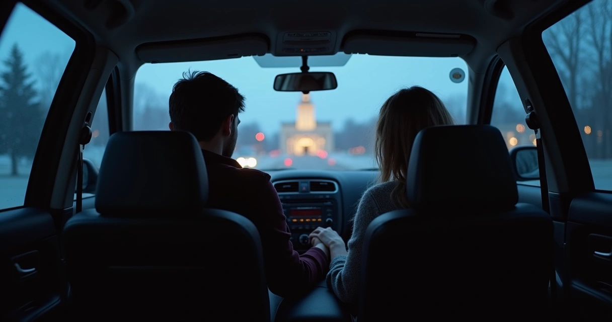 Casal sentado no carro orando juntos durante uma noite fria 