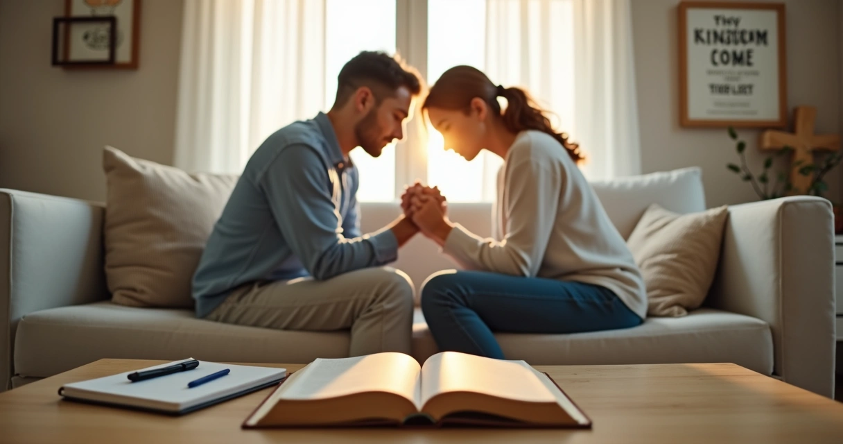 Casal orando de mãos dadas perto de janela com luz suave 