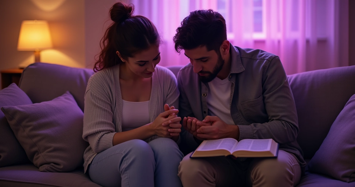 Casal de mãos dadas orando juntos em ambiente acolhedor com tons roxos 