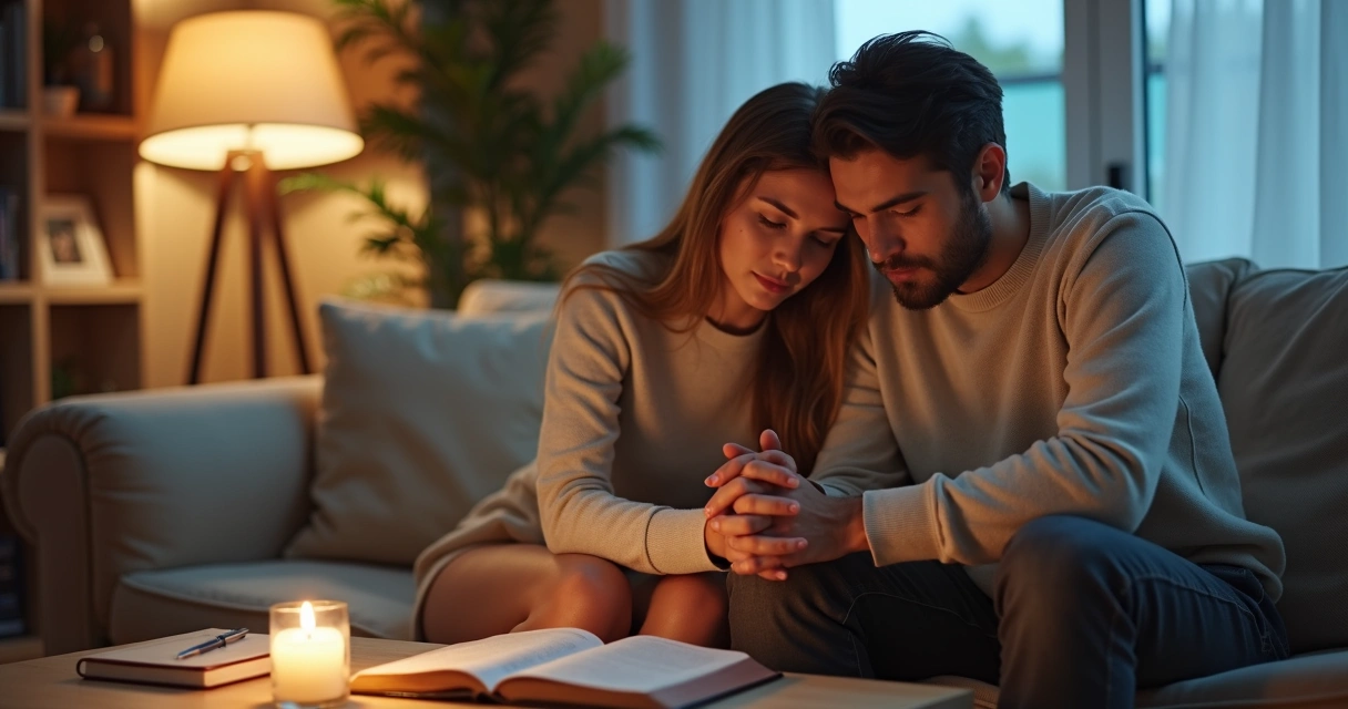 Casal cristão sentado juntos no sofá orando de mãos dadas na sala ao entardecer 