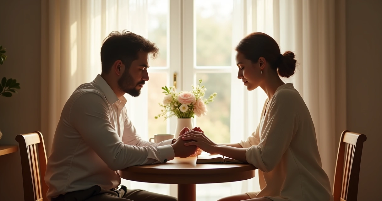 Casal sentado à mesa orando juntos com expressão de paz