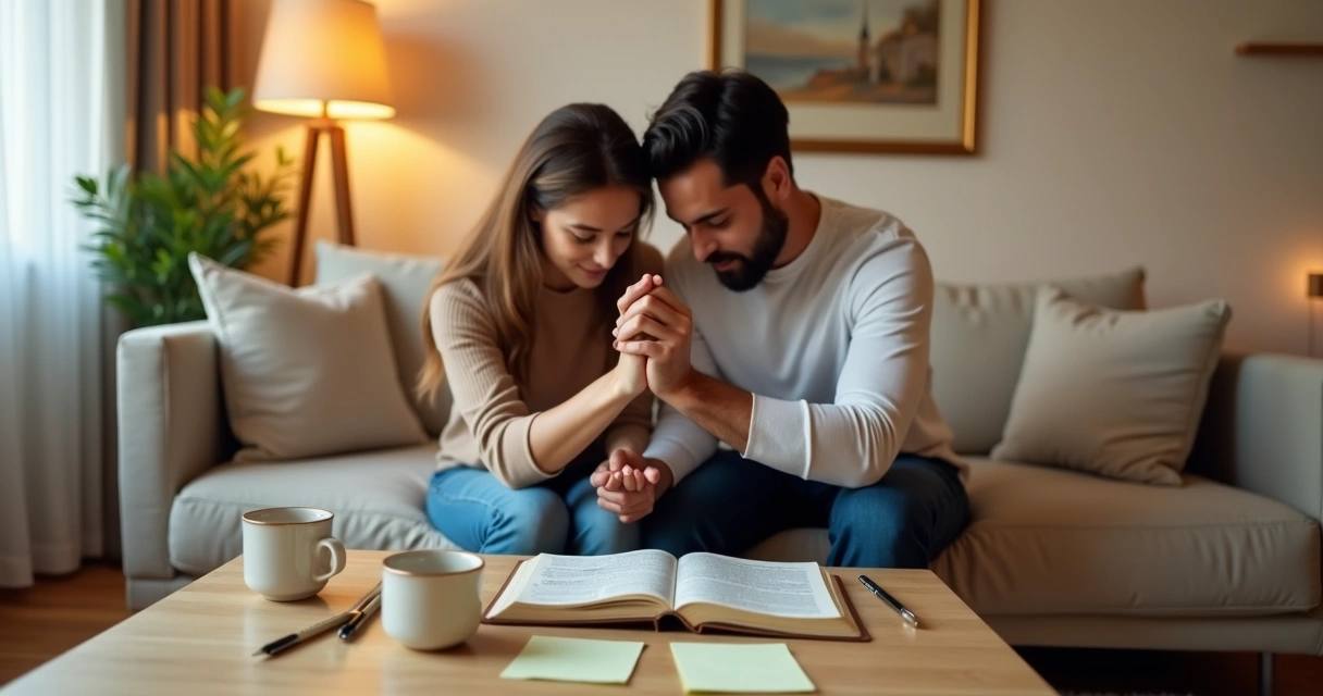Casal cristão sentado no sofá orando junto sobre seus sonhos e futuro 