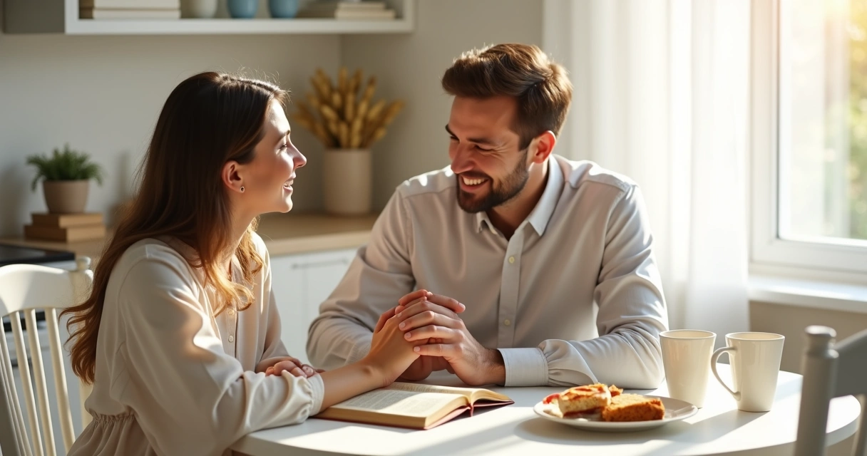 Casal de mãos dadas orando à mesa 