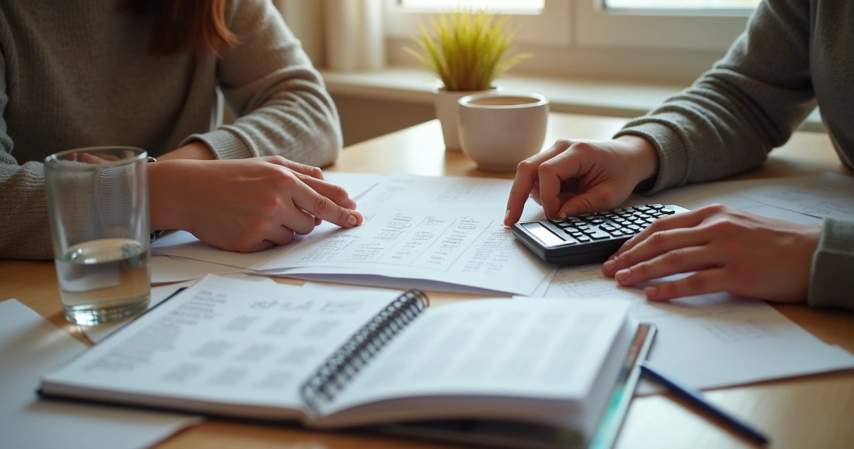 Casal organizando orçamento com contas e calculadora na mesa