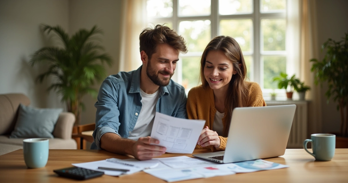Guia prático para dividir despesas e evitar conflitos no casal 1 Casal sentados à mesa analisando contas e planilhas