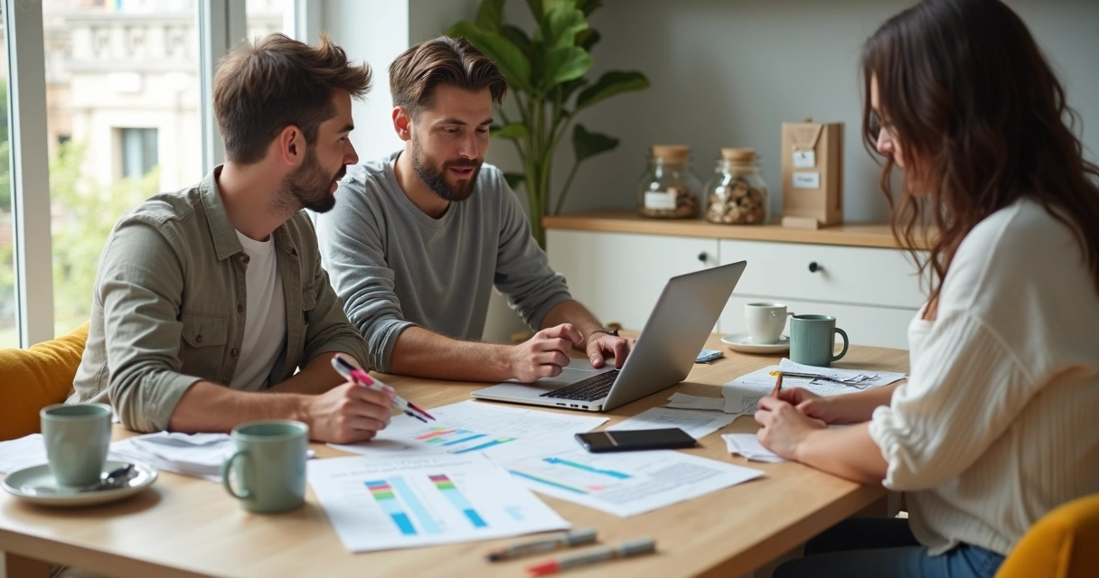 Casal organiza despesas variáveis em mesa com papéis e notebook 