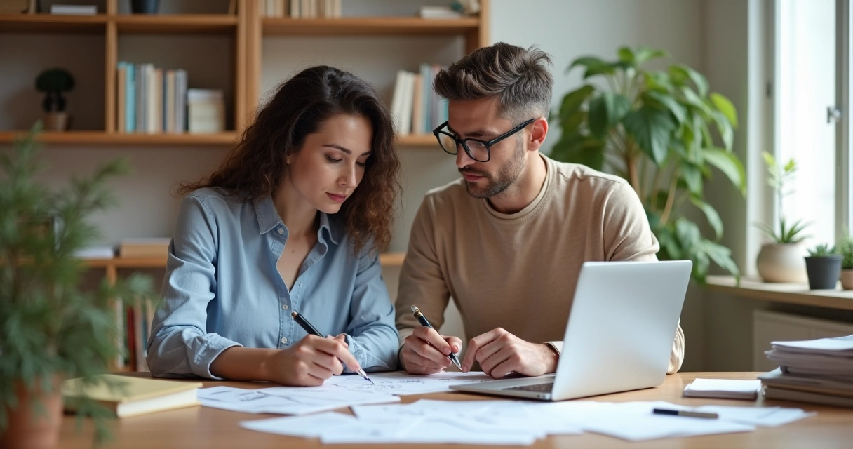 Casal organizando dinheiro em uma mesa com cadernos e anotações 