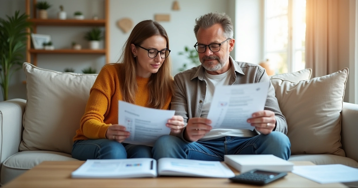 Casal sentado no sofá analisando juntos contas e papéis financeiros. 