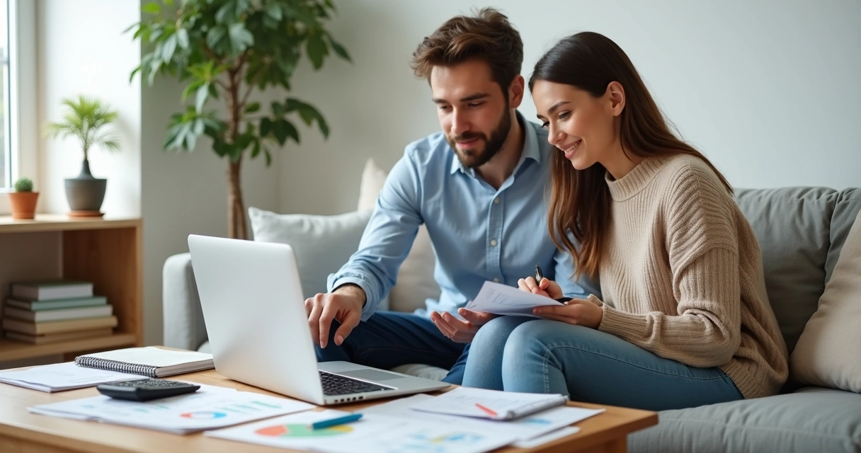 Casal sentado no sofá organizando finanças com notebook e planilha 