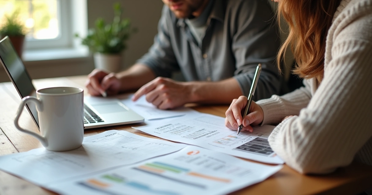 Casal sentado à mesa organizando o orçamento com planilhas 