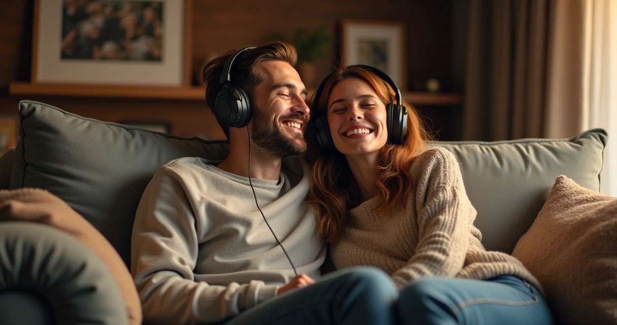 Casal ouve música juntos sentados no sofá 