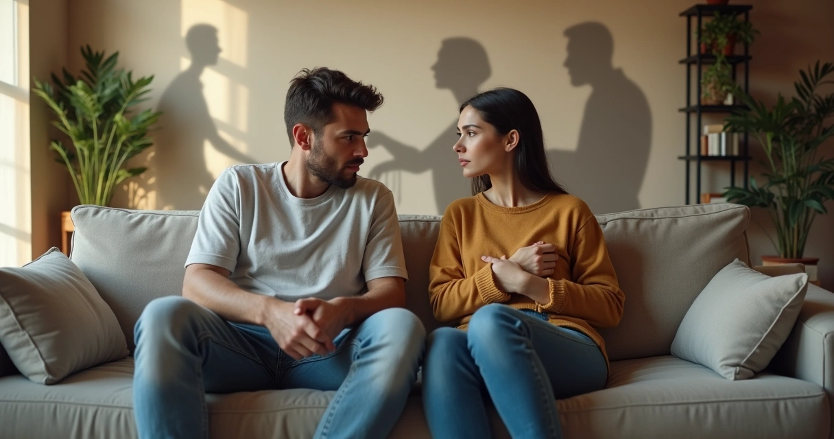 Casal sentado em sofá refletindo sobre padrões herdados no relacionamento 