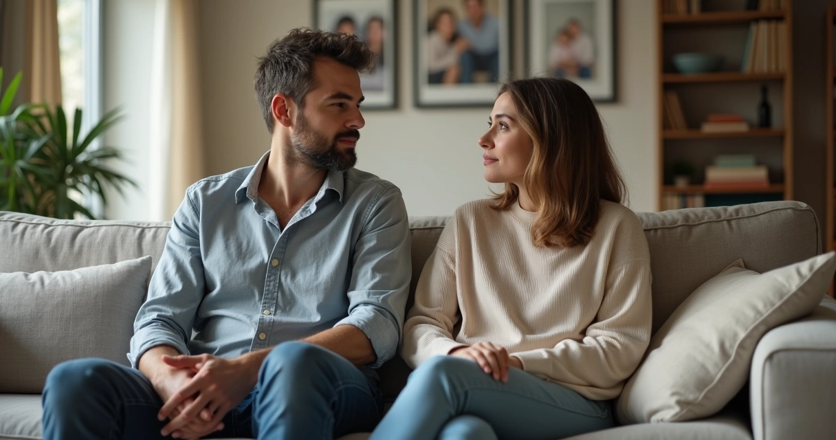 Casal sentado em sofá refletindo sobre distância emocional na relação amorosa 