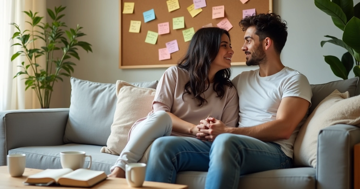 Casal conversando carinhosamente em sofá com post-its de frases de amor ao redor 