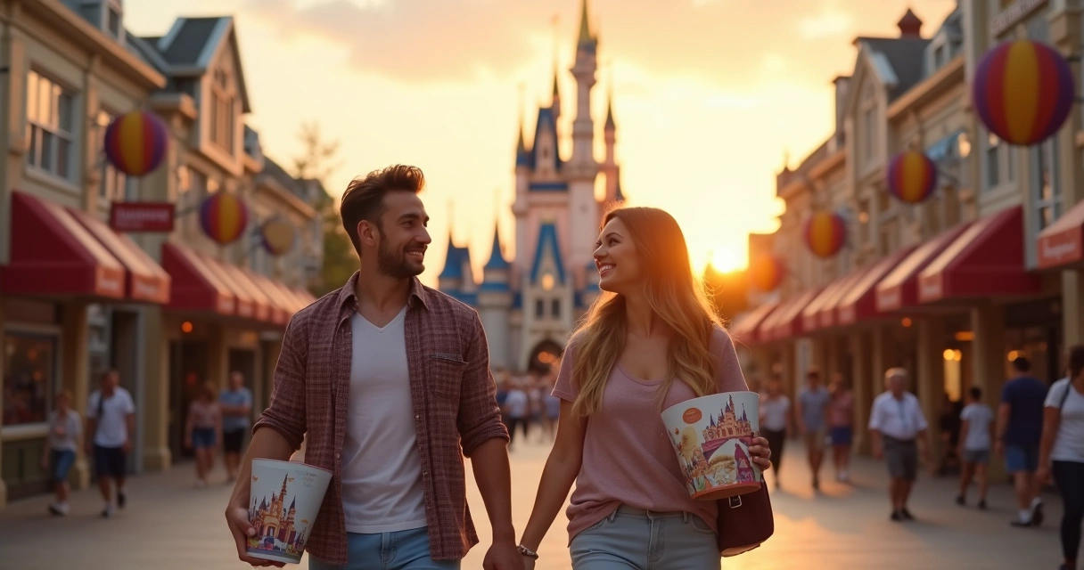 Casal adulto caminhando em parque temático ao entardecer