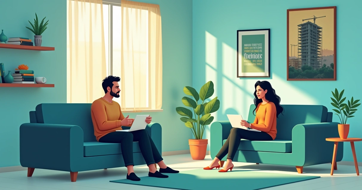 Casal, Pedro e Sofia, conversando sobre distrato de apartamento com advogado em sala moderna.