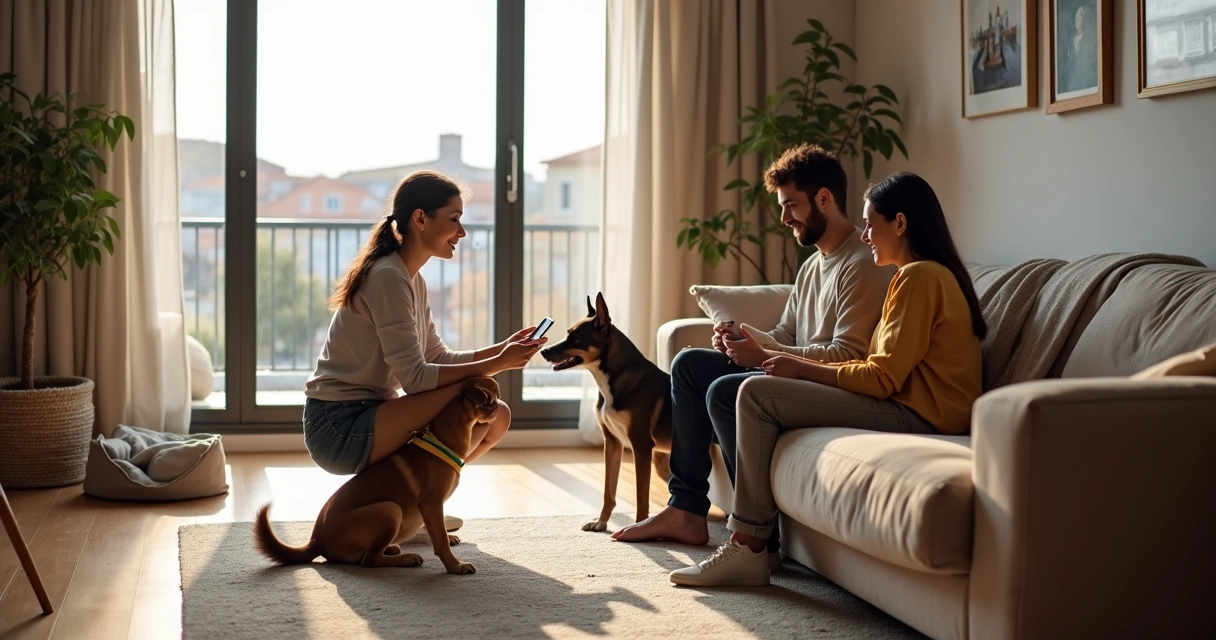 Casal jovem no Porto a conhecer pet sitter familiar em casa acolhedora com cão 