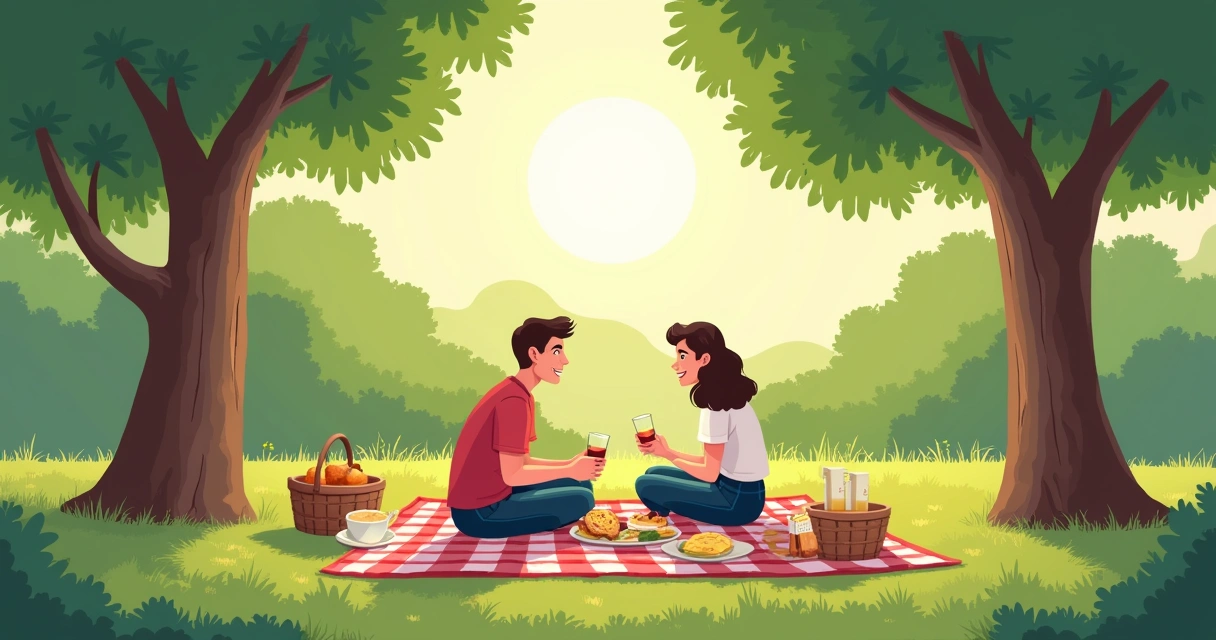 Casal fazendo piquenique em parque entre árvores 