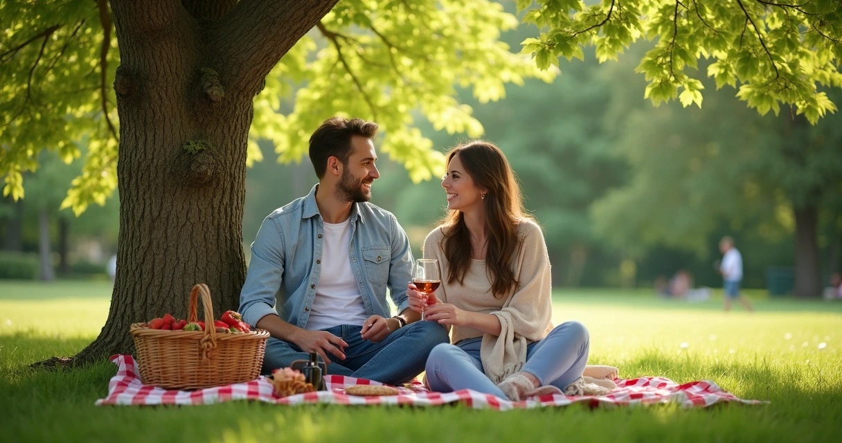 Casal sentado em piquenique no parque com cesta, morangos e vinho 