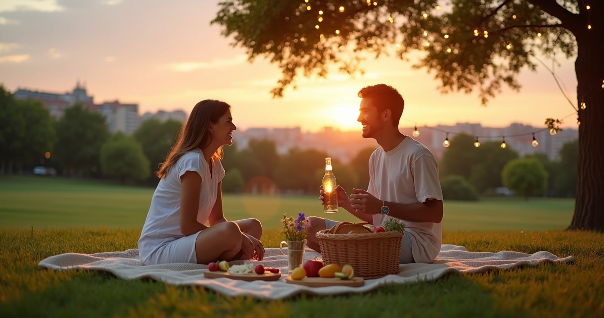 Casal em piquenique de verão ao pôr do sol com luz dourada e clima romântico 