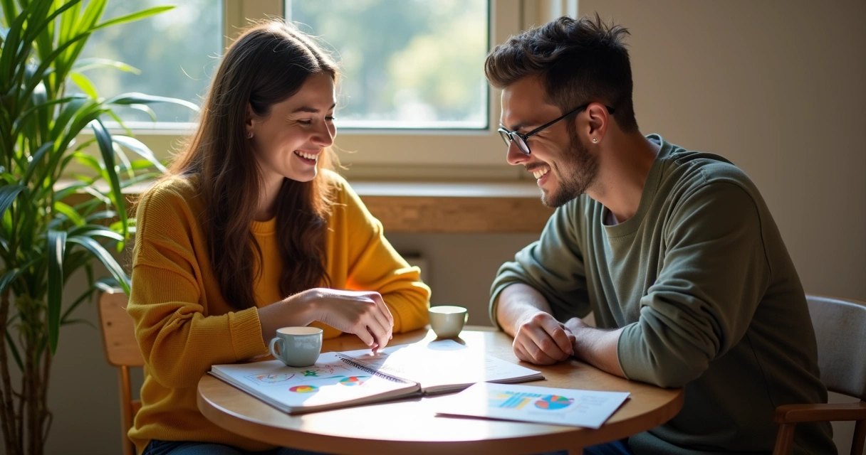 Casal planejando sonhos juntos em um caderno 
