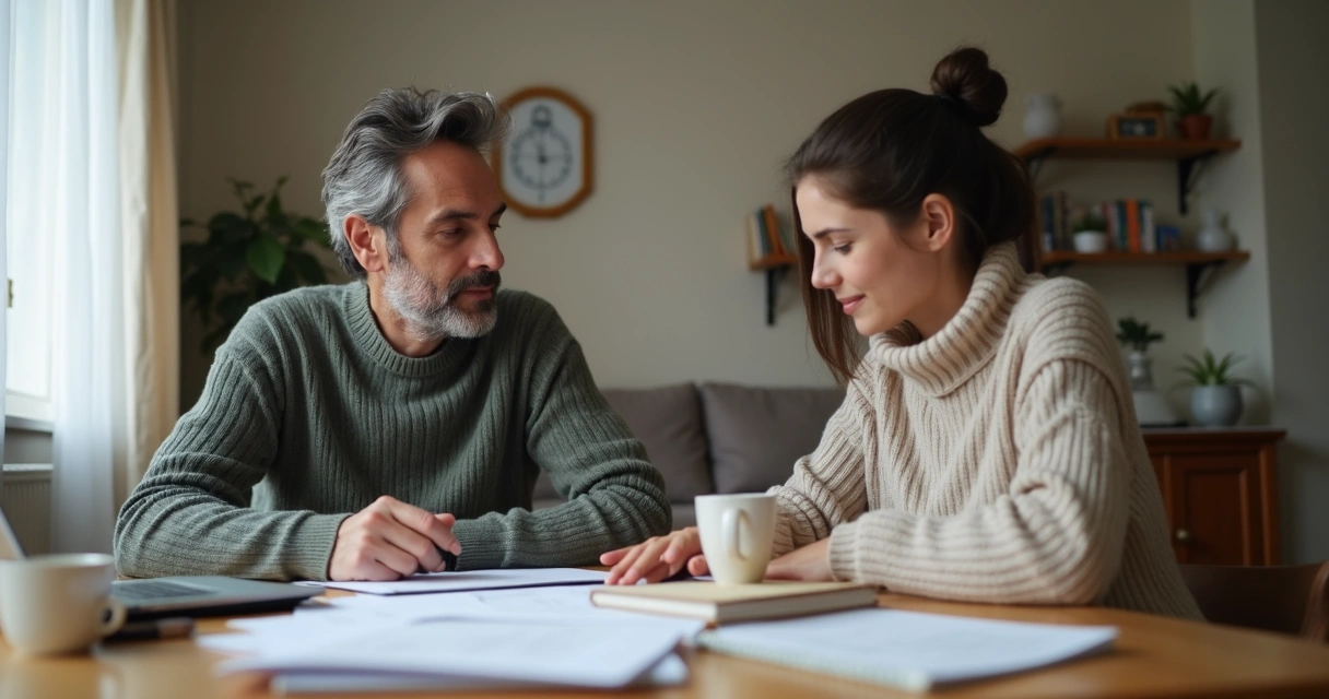 Casal organizando orçamento com contas e calculadora na mesa 