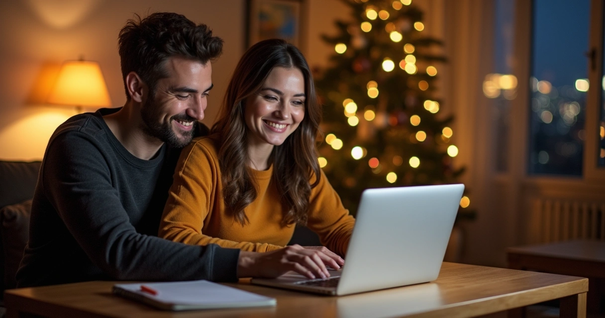 Casal sentado em frente ao computador à noite planejando casamento 