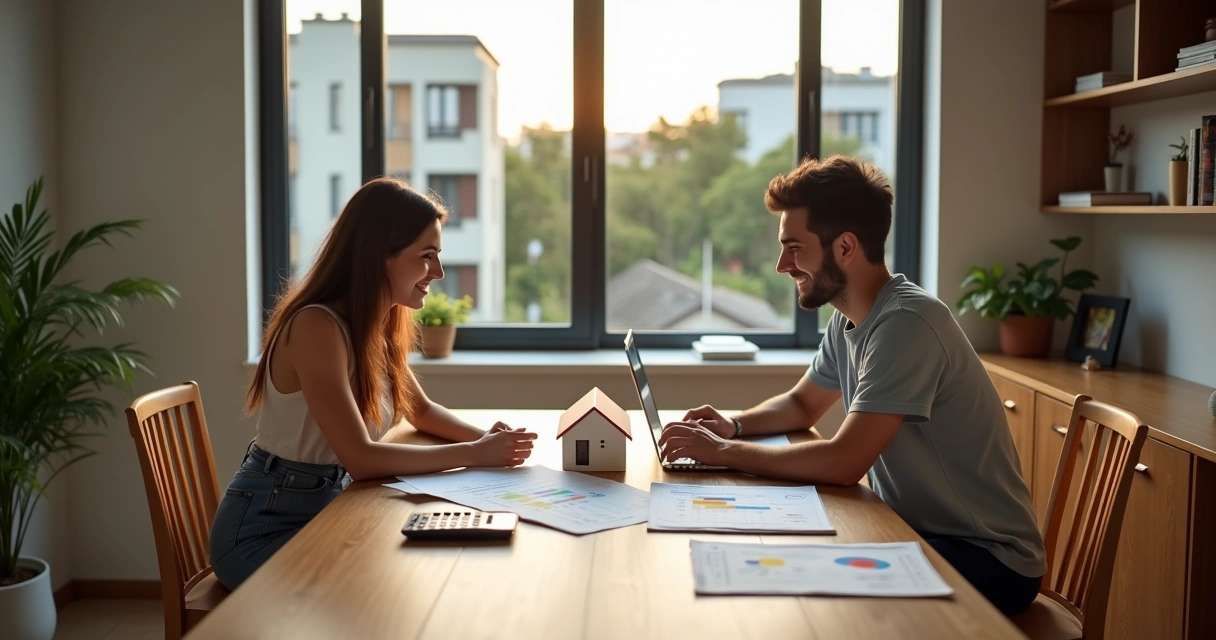 Casal jovem analisando finanças para comprar primeiro imóvel em Paulínia 