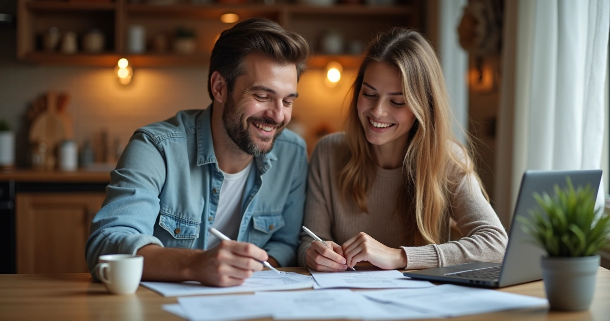 Como criar metas financeiras juntos e transformar sonhos em planos 1 Casal sentado à mesa de jantar com cadernos e notebook, revisando planejamento financeiro juntos